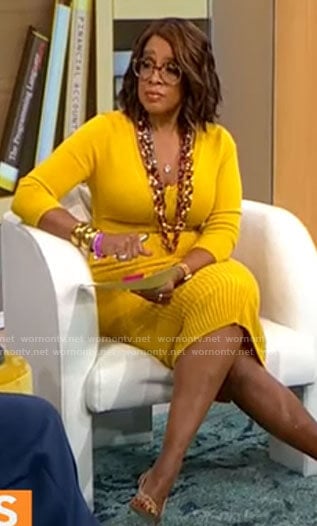 Gayle’s yellow ribbed v-neck dress on CBS Mornings