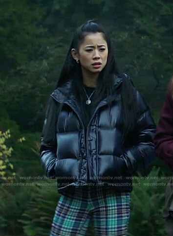 George’s black puffer jacket and green plaid pants on Nancy Drew