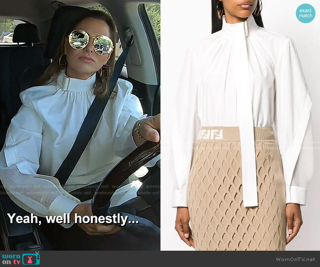 Fendi Belted-Neck Draped Blouse worn by D’Andra Simmons on The Real Housewives of Dallas