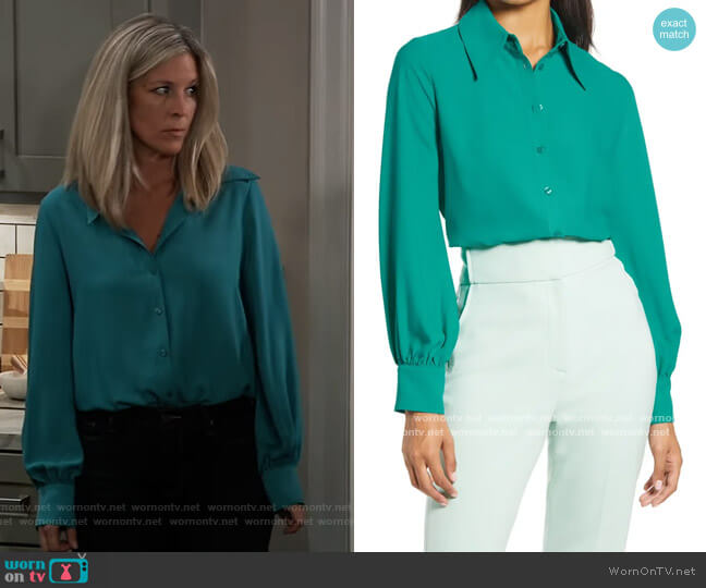 Halogen x Atlantic-Pacific Puff Sleeve Button-Up Shirt worn by Carly Spencer (Laura Wright) on General Hospital
