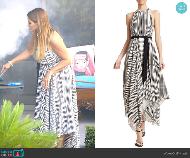 Halston Sleeveless Strip Back Striped Handkerchief Dress worn by D’Andra Simmons on The Real Housewives of Dallas