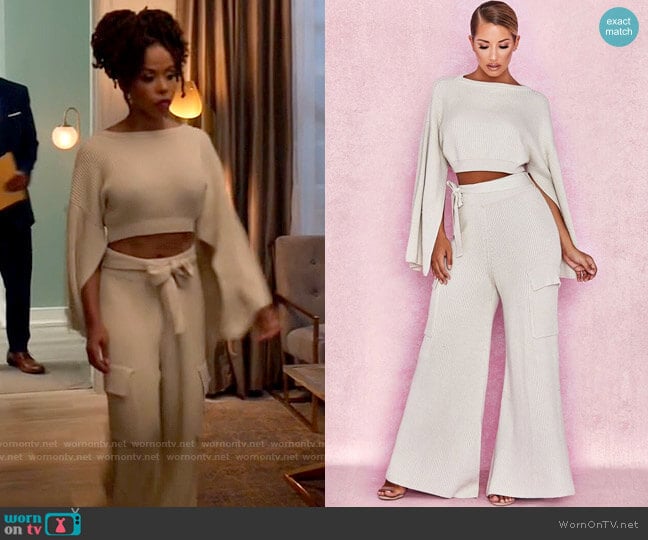 House of CB Zaria Oatmeal Open Sleeve Ribbed Sweater worn by Andrea Barnes (Kj Smith) on Tyler Perrys Sistas