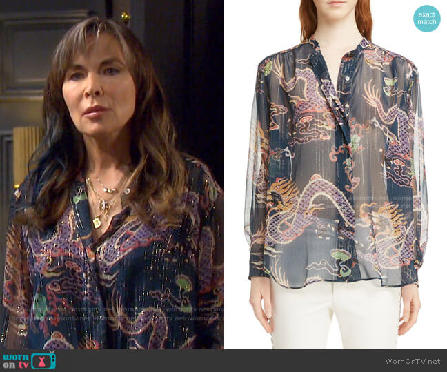 Isabel Marant Daws Dragon Print Silk Blend Shirt worn by Kate Roberts (Lauren Koslow) on Days of our Lives