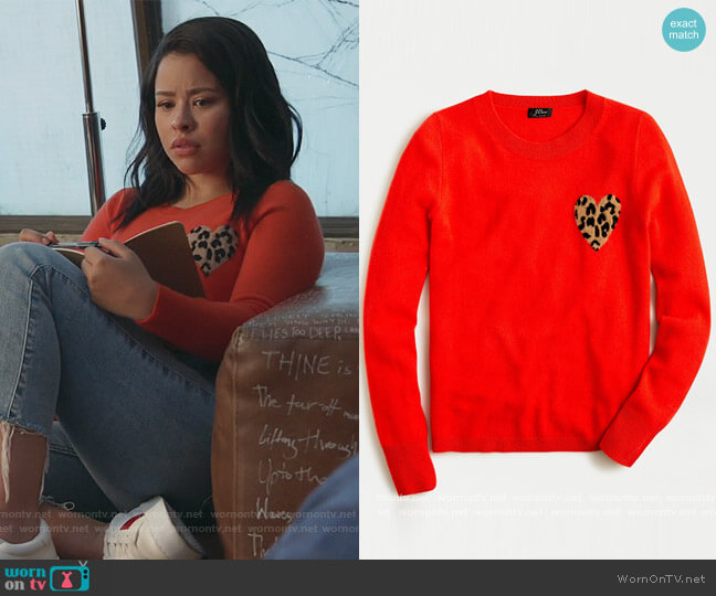J. Crew Cashmere crewneck sweater with leopard heart worn by Mariana Foster (Cierra Ramirez) on Good Trouble