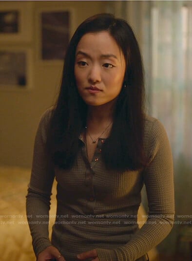 Janet’s grey henley top on Kims Convenience