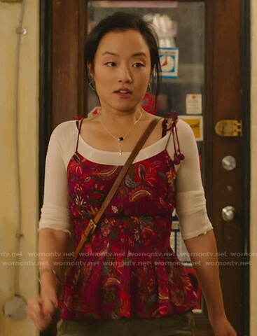 Janet’s burgundy floral peplum camisole on Kims Convenience