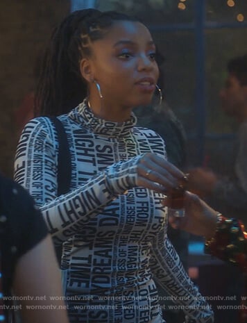 Jazlyn’s white printed mock neck dress on Grown-ish