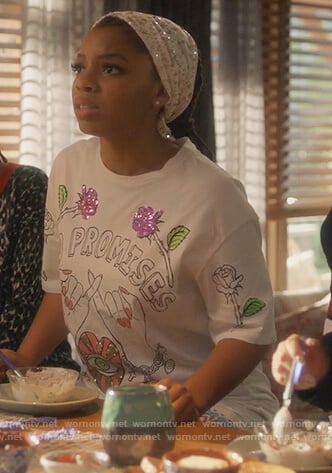 Jazlyn’s No Promises embellished tee on Grown-ish