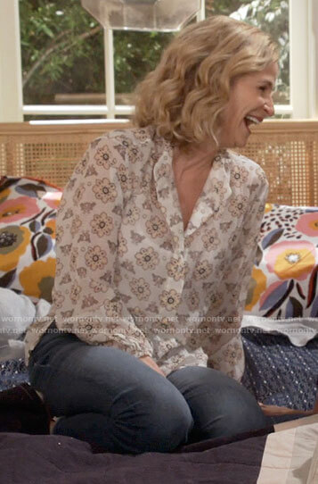 Jean’s white printed blouse on Call Your Mother