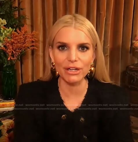 Jessica Simpson’s black tweed jacket on Tamron Hall Show