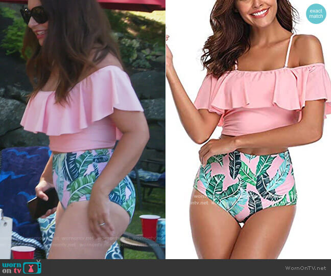 Chanyuhi Ruffle Swimisuit with Palm Print worn by Jennifer Aydin on The Real Housewives of New Jersey