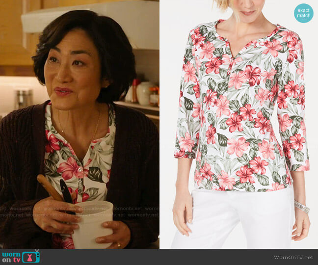 Karen Scott Floral-Print 3/4-Sleeve Top worn by Mrs Kim (Jean Yoon) on Kims Convenience