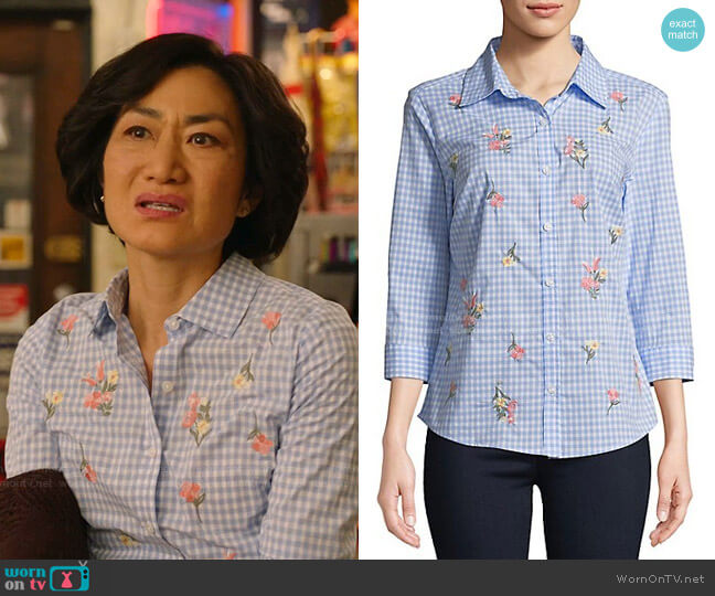 Karen Scott Gingham Posy Embroidered Cotton Button-Down Shirt worn by Mrs Kim (Jean Yoon) on Kims Convenience