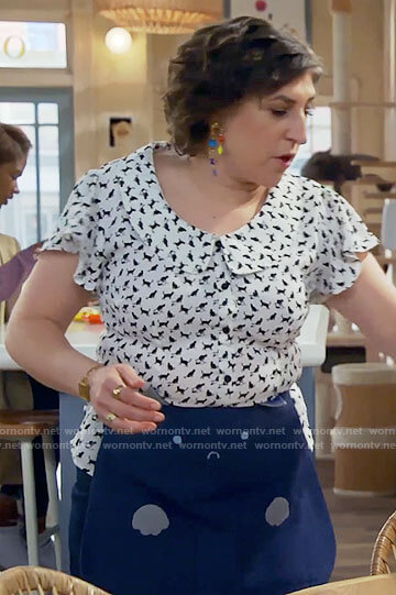 Kat’s white collared cat print top on Call Me Kat