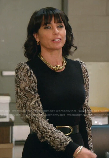 Kathleen’s black snake print sleeve top on Good Trouble