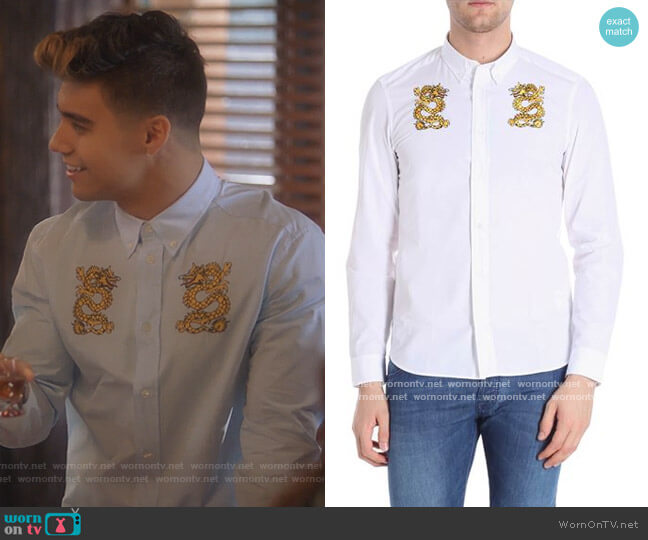 Kenzo White Shirt with Dragons Embroidery worn by Vivek Shah (Jordan Buhat) on Grown-ish