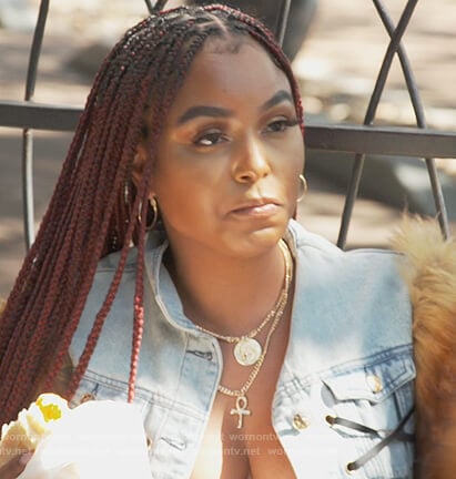 LaToya Ali’s denim jacket with fur sleeves on The Real Housewives of Atlanta