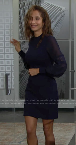 Lily’s navy blue long sleeved lace detail dress on The Young and the Restless