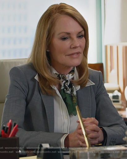 Lisa’s white stitch blouse and gray blazer on All Rise