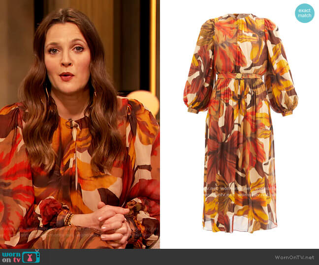 Johanna Ortiz Vida Mia floral-print crepe dress worn by Drew Barrymore on The Drew Barrymore Show