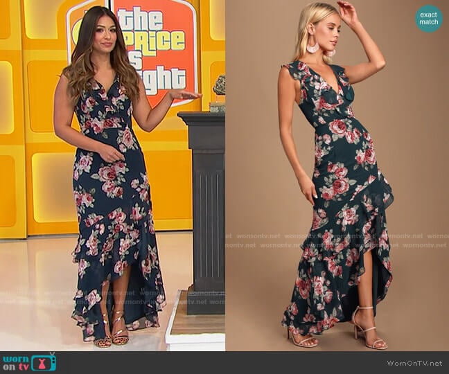 Lulus Secret Romance Dark Green Floral Print High-Low Maxi Dress worn by Manuela Arbeláez on The Price is Right