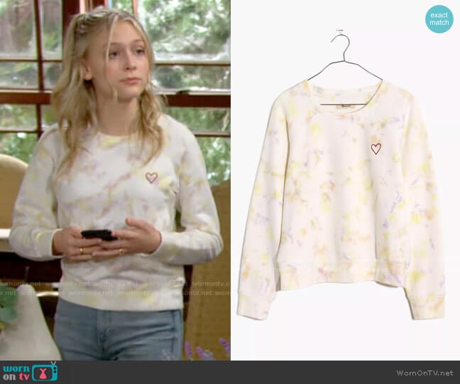 Madewell Heart Embroidered sourced Cotton Sweatshirt in Tie-Dye worn by Faith Newman (Alyvia Alyn Lind) on The Young and the Restless