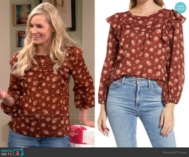 Madewell Ladder-Trim Ruffle Top in Homestead Bouquet worn by Gemma (Beth Behrs) on The Neighborhood