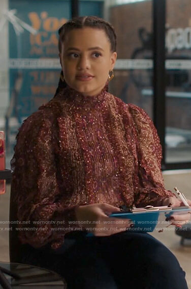 Maggie’s red metallic ruffled blouse on Charmed