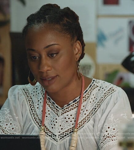 Malika’s white eyelet blouse on Good Trouble