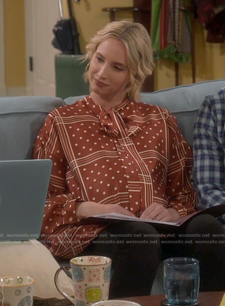 Mandy’s brown polka dot and check tunic top on Last Man Standing