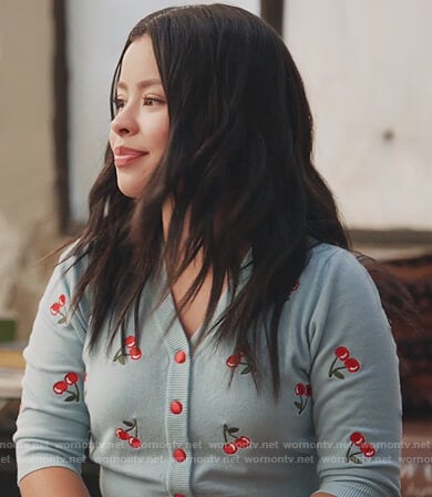 Mariana’s blue cherry cardigan on Good Trouble