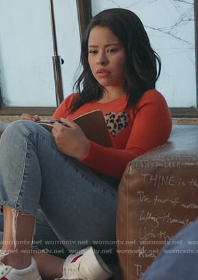 Mariana red sweater with leopard heart on Good Trouble