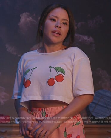 Mariana’s white cherry print pajama set on Good Trouble