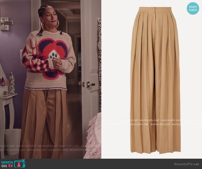 Materiel Triple Pleat wool-blend wide-leg pants worn by Rainbow Johnson (Tracee Ellis Ross) on Black-ish