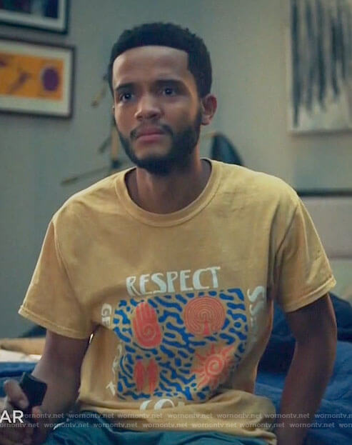 Micah’s yellow respect love kindness generosity t-shirt on Queen Sugar