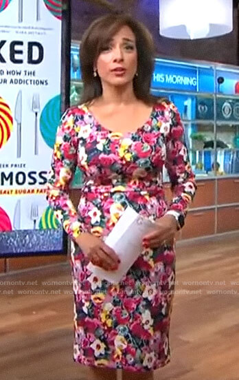 Michelle Miller’s floral long sleeved dress on CBS Mornings