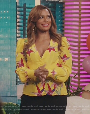 Mika’s yellow floral button down blouse on Kenan