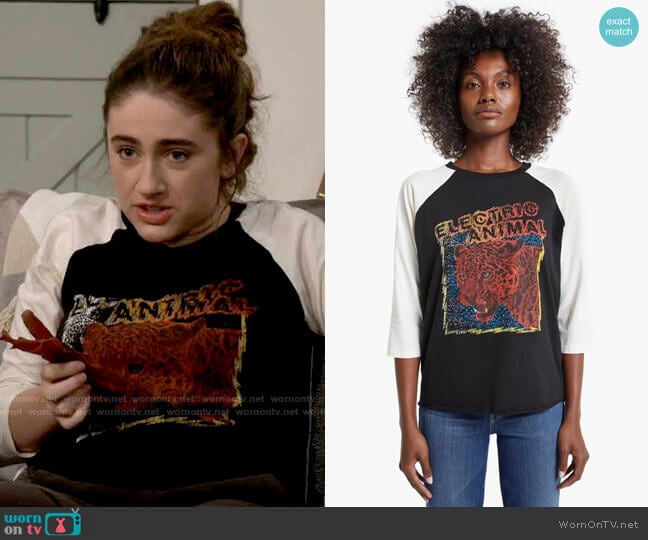Mother The Concert 3/4 Sleeve Cut Off Top in Electric Animal worn by Jackie Raines (Rachel Sennott) on Call Your Mother