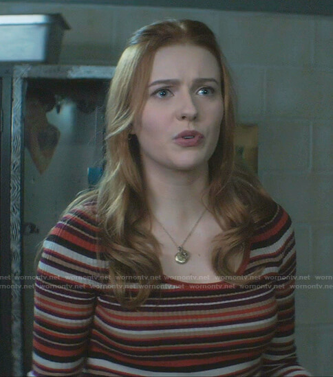 Nancy’s multicolor striped long sleeve top on Nancy Drew
