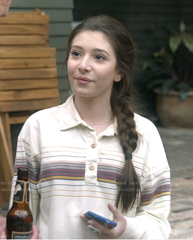 Natalie’s cream striped polo shirt on The Unicorn