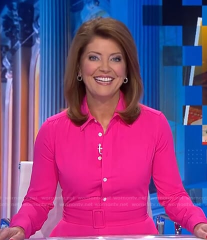 Norah’s pink belted shirtdress on CBS Evening News