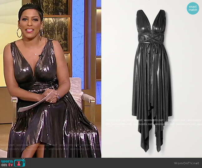Norma Kamali Goddess asymmetric pleated metallic stretch-jersey dress worn by Tamron Hall on Tamron Hall Show