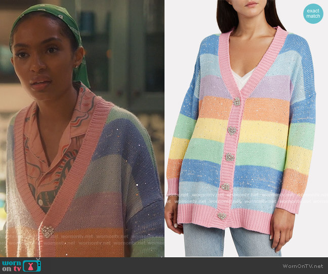 Olivia Rubin Mika Embellished Rainbow Cardigan worn by Zoey Johnson (Yara Shahidi) on Grown-ish