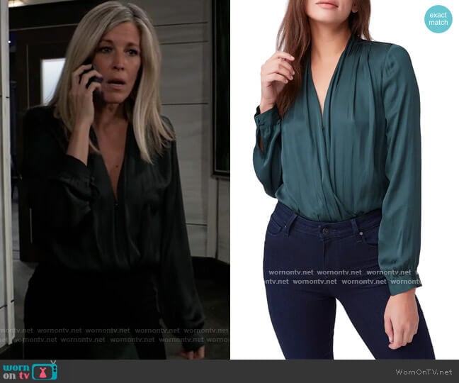 Paige Sevilla Surplice Bodysuit worn by Carly Spencer (Laura Wright) on General Hospital