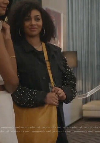 Patience’s black embellished denim jacket on All American