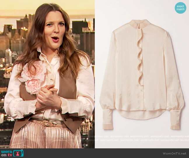 Philosophy Plisse ruffled hammered-satin blouse worn by Drew Barrymore on The Drew Barrymore Show