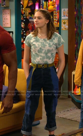Presley’s blue colorblock utility jeans on Side Hustle