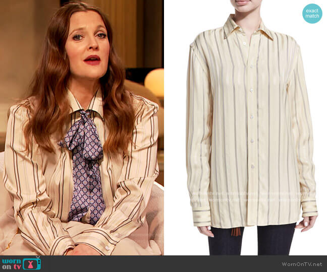 Ralph Lauren Adrien Satin-Stripe Boyfriend Shirt worn by Drew Barrymore on The Drew Barrymore Show