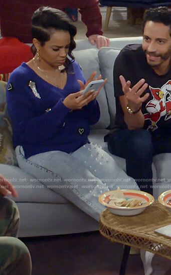 Randi’s blue embellished sweater and pearl studded jeans on Call Me Kat