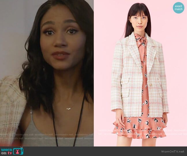 Rebecca Taylor Gabrielle Plaid Tweed Blazer worn by Layla Keating (Greta Onieogou) on All American